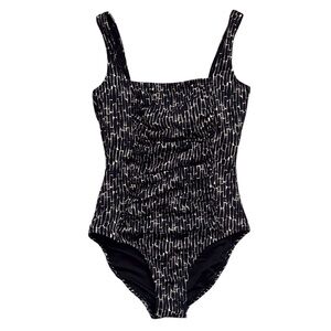 Garnet Hill One-Piece Swimsuit Active Square Neck Onxy Black Brushstrokes Size 4